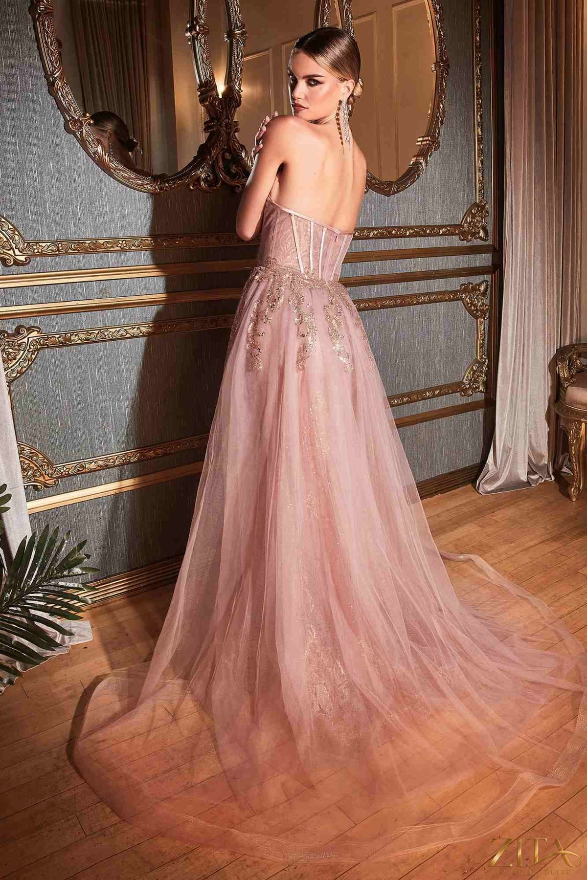 Rose gold strapless glitter mermaid gown from Cinderella Divine J858 by Zita La Belle Elite, shown on a dress form.