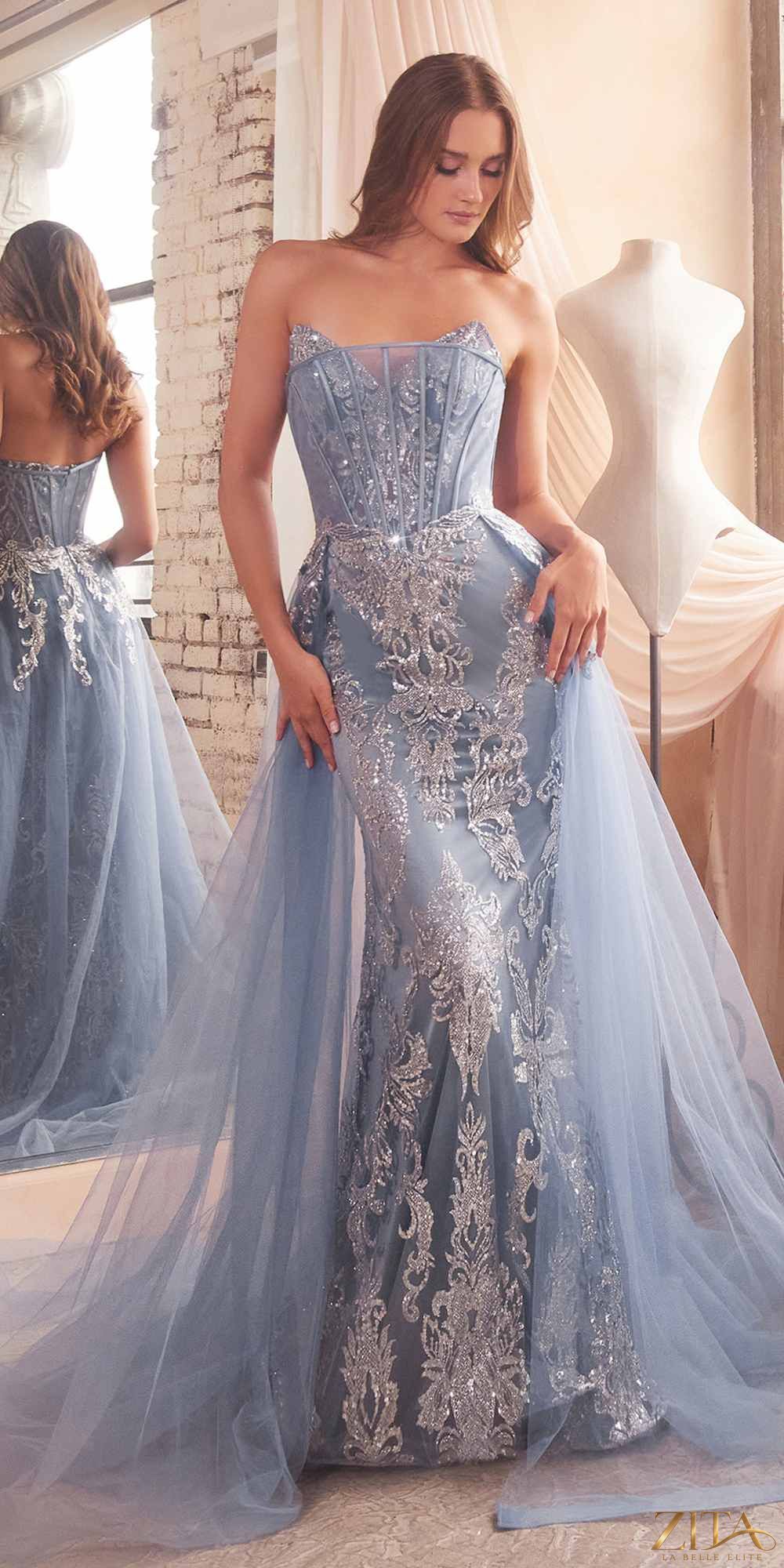 Zita La Belle Elite Cinderella Divine J858 strapless glitter mermaid gown in smoky blue, showcasing its elegant fitted design.