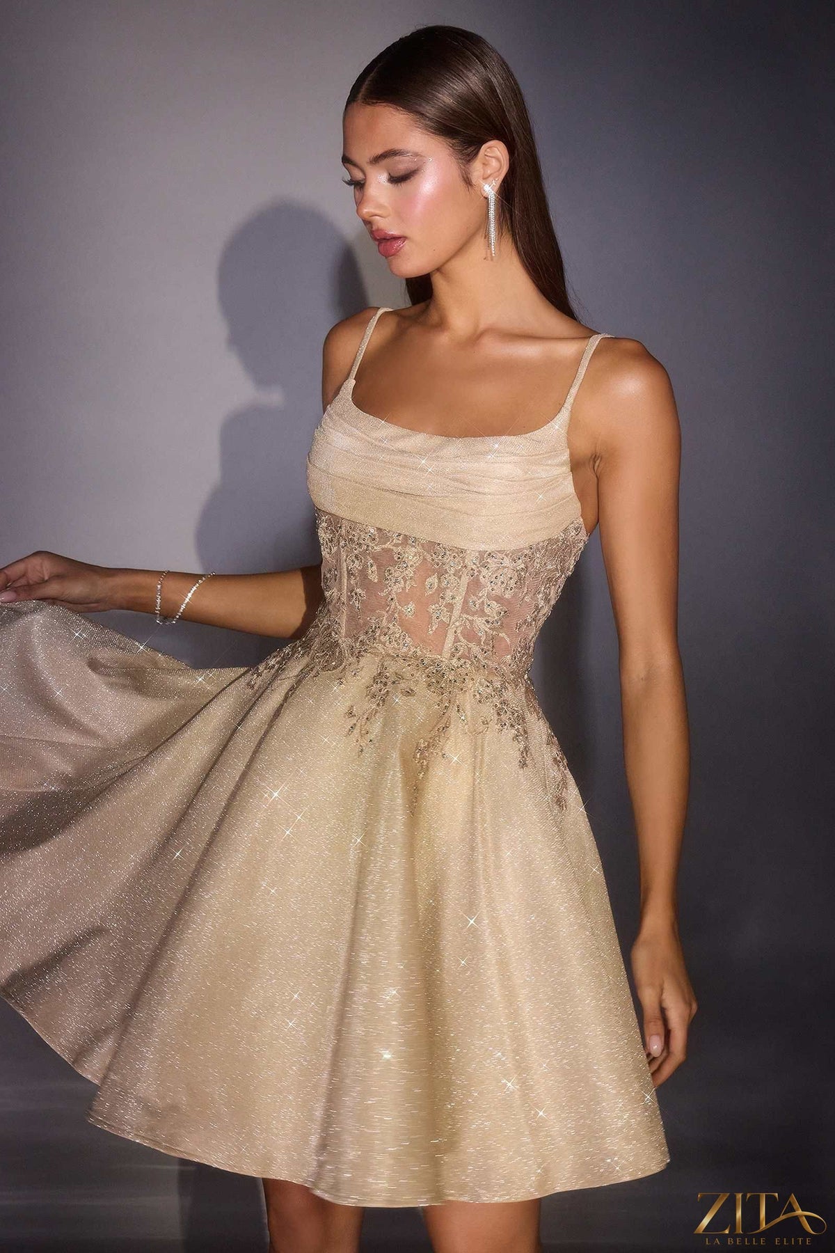 Zita La Belle Elite fit and flare glitter shimmer champagne homecoming dress
