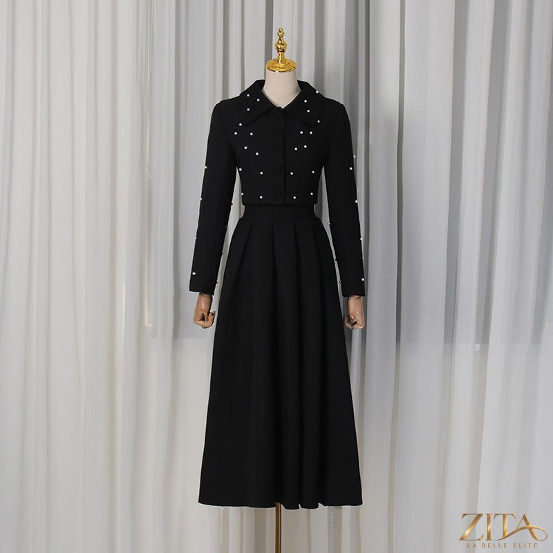 Zita La Belle Elite beaded collar long sleeve pleated maxi two-piece set, elegant spring fashion with slim fit design