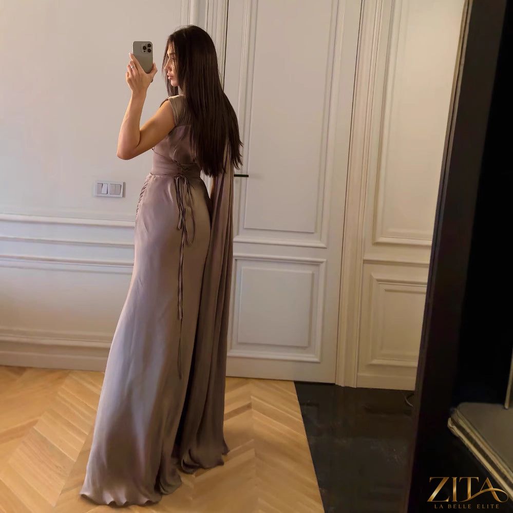 Zita La Belle Elite satin evening dress for women featuring pleats and ribbon details, perfect for spring and summer occasions.