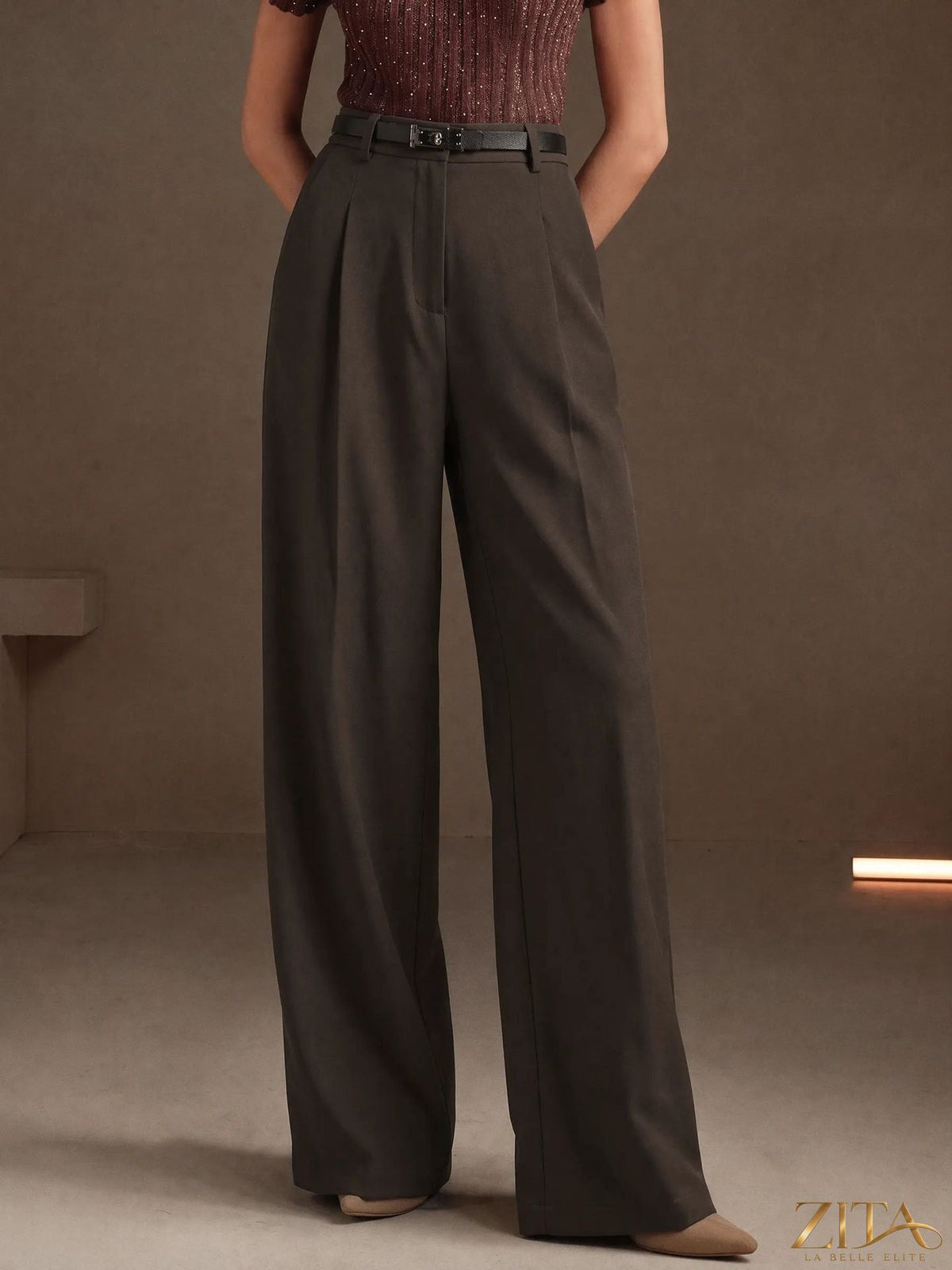 Zita La Belle Elite high waist draped wide leg work pants, stylish black bottoms with a relaxed fit, front drape details, and belt loops.