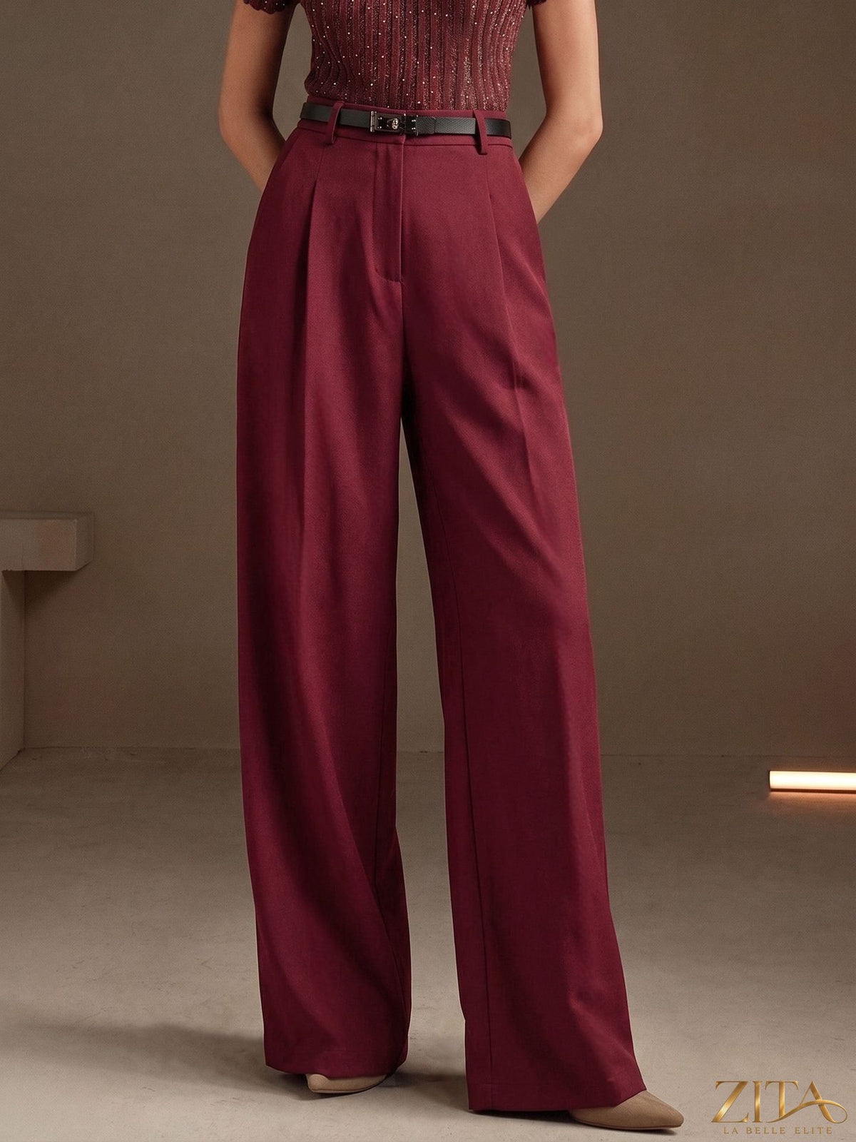 High waist draped wide-leg work pants by Zita La Belle Elite, featuring flowy fabric and tailored fit for professional style.