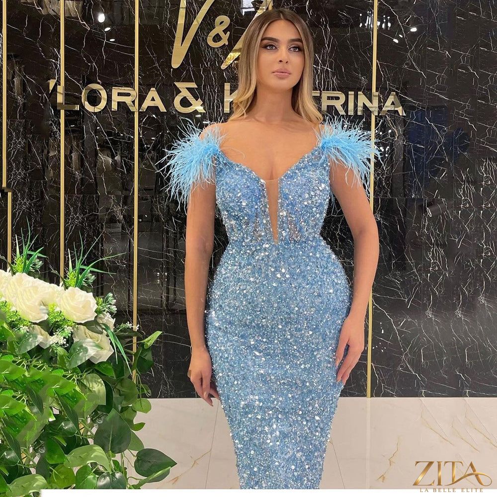 Deep V feather sequin sleeveless evening dress by Zita La Belle Elite featuring shimmering sequins and a fitted silhouette.