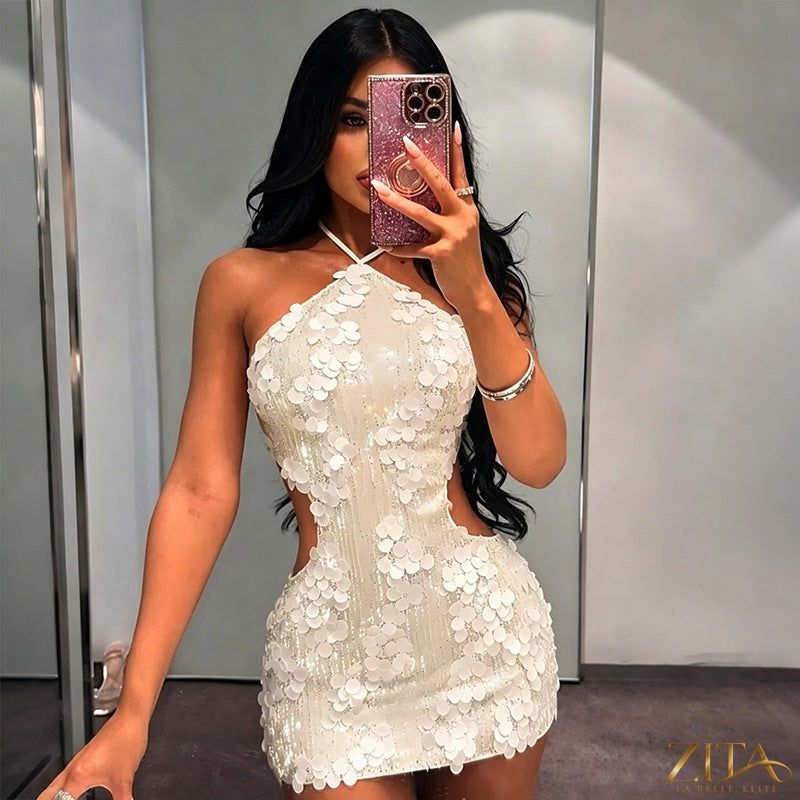 Backless halter lace-up sequin sheath dress by Zita La Belle Elite, featuring shimmering sequins and a sleek, elegant silhouette.