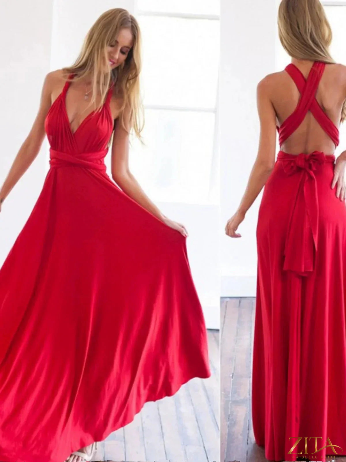 Red women evening dress by Zita La Belle Elite featuring a sexy, stunning multi-rope bandage design and a long, elegant silhouette.