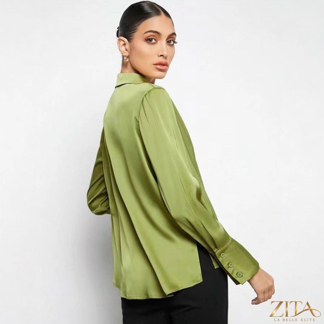 Zita La Belle Elite satin faux silk long sleeve shirt in a sleek, shiny fabric with a tailored fit and button front.