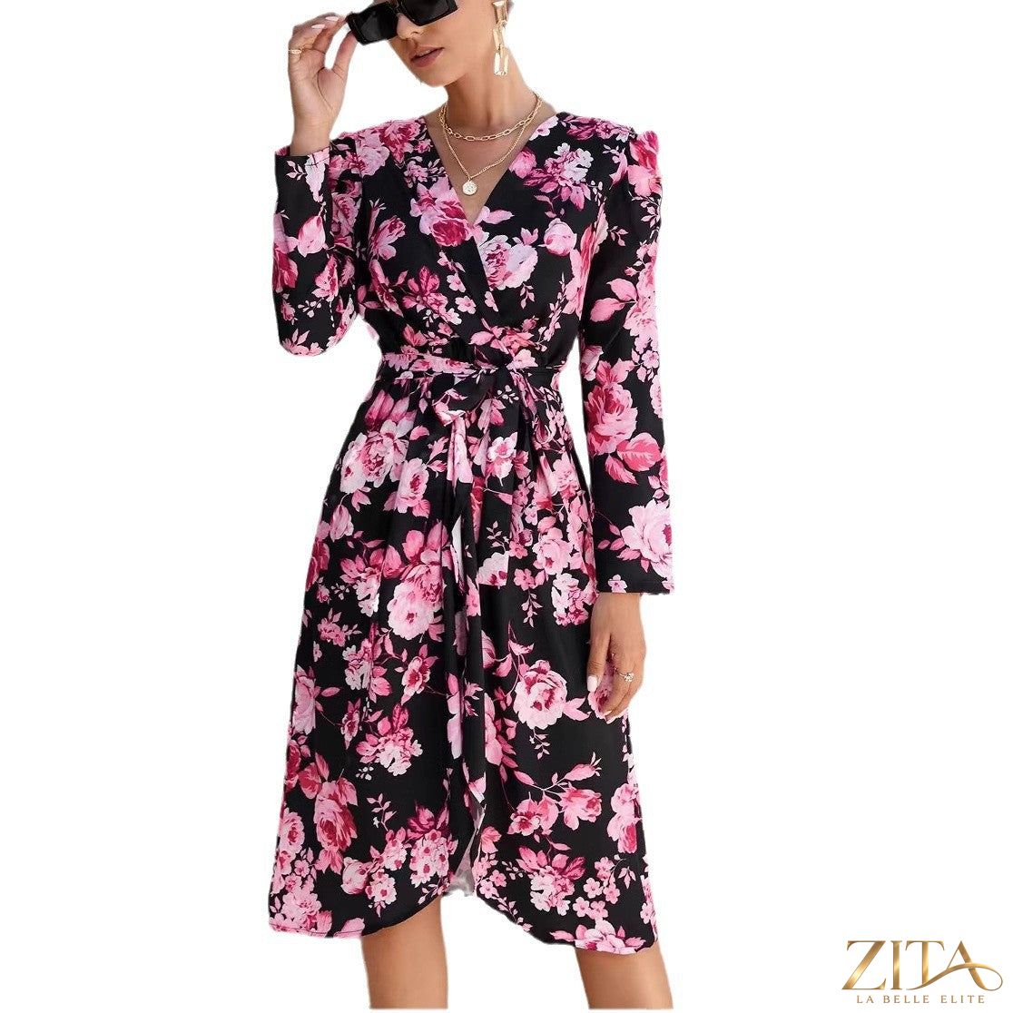 Printed V-neck long sleeve tie-front wrap maxi dress by Zita La Belle Elite, featuring a flattering silhouette and stylish design.