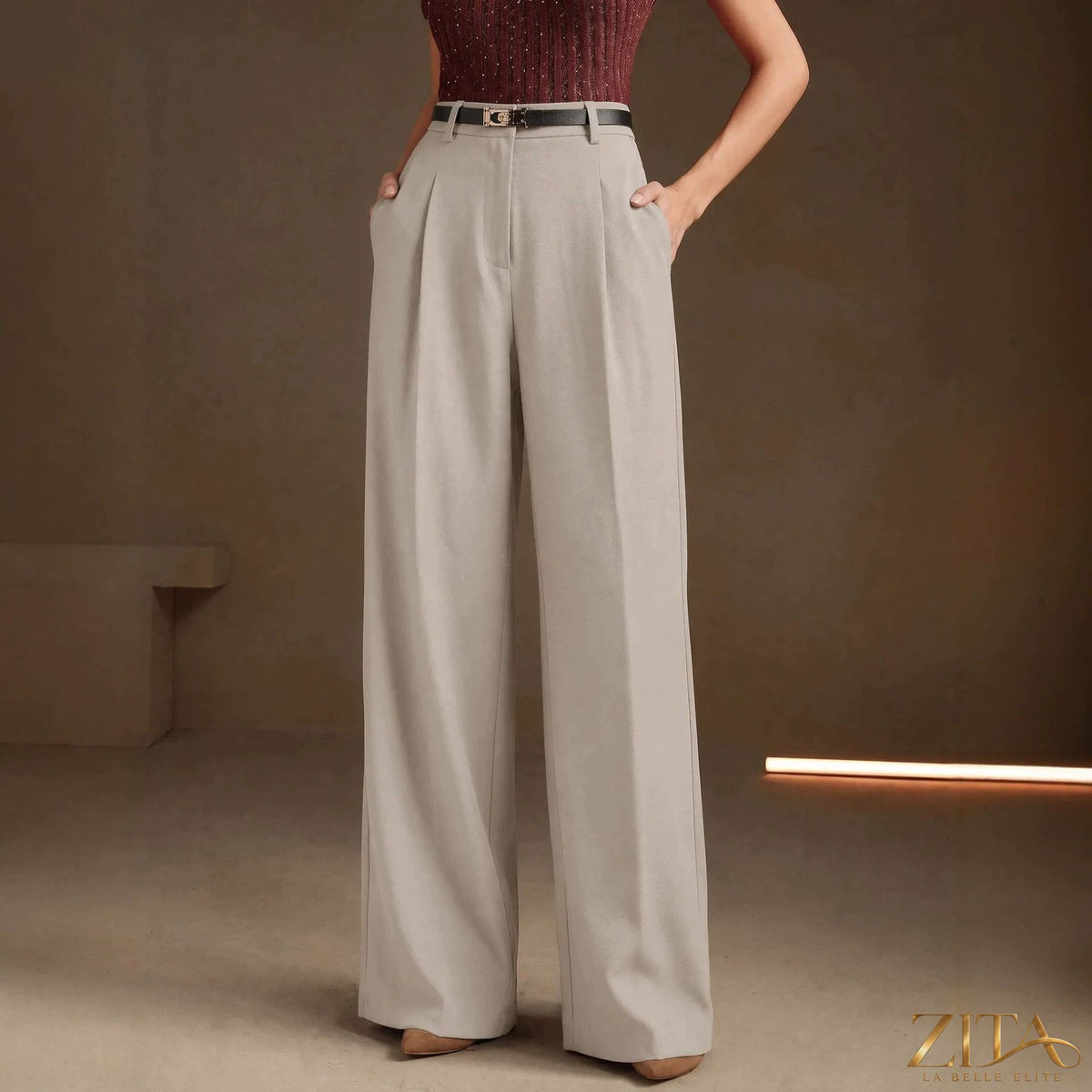 Zita La Belle Elite high waist draped wide-leg work pants, showing the flowing fabric and tailored fit in a neutral color.