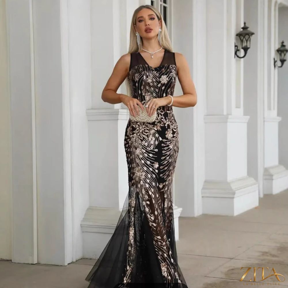 Sequin mesh fishtail evening dress by Zita La Belle Elite, featuring shimmering sequins and a fitted fishtail silhouette.