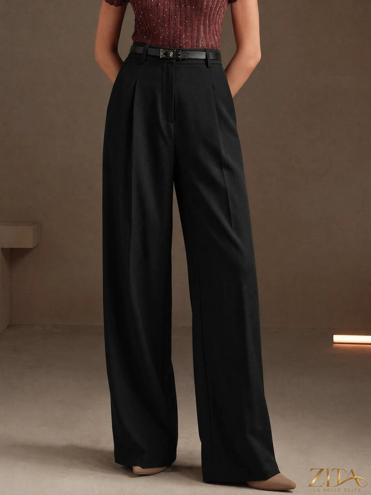 High waist draped wide-leg work pants by Zita La Belle Elite, featuring a stylish draped design and flowy silhouette.