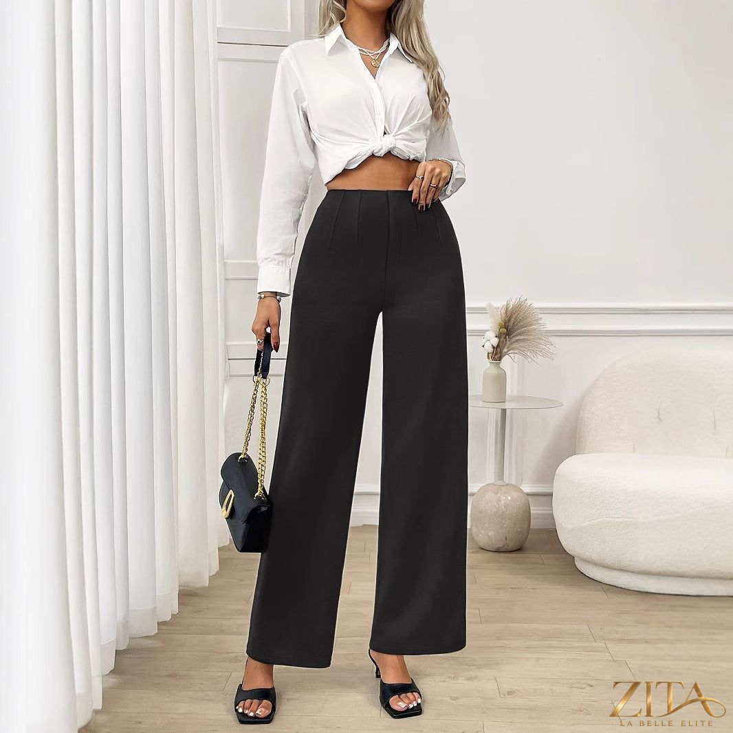 Zita La Belle Elite high waist stretch wide-leg office trousers displayed on a model, showcasing their tailored fit and fabric.