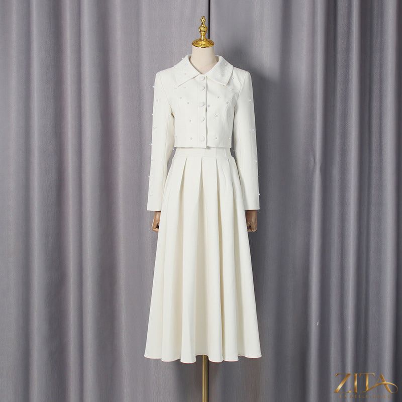 Elegant spring beaded collar long sleeve pleated maxi two-piece set by Zita La Belle Elite, featuring slim fit and flowing pleats.
