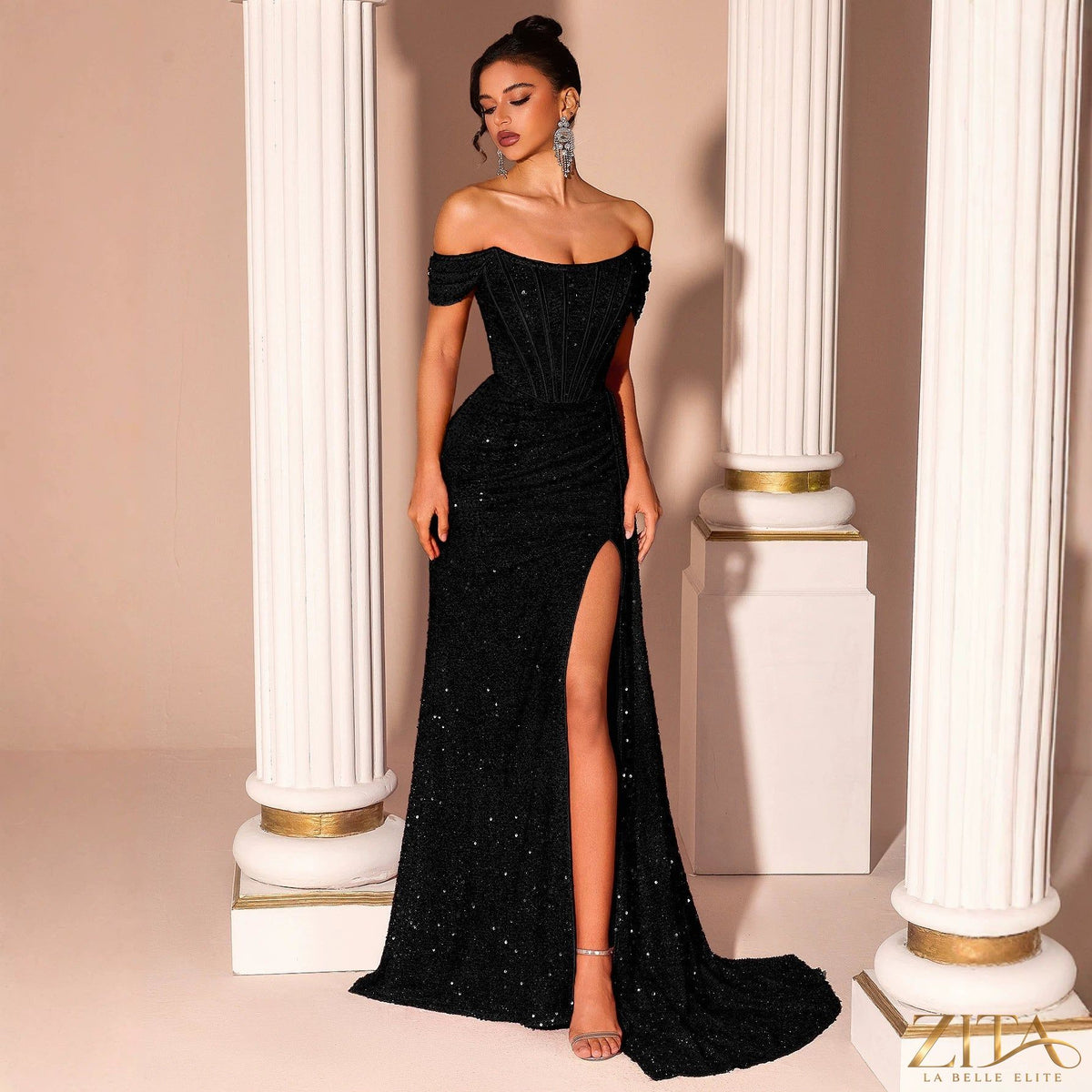 Strapless black sequin fishtail evening dress by Zita La Belle Elite, featuring a fitted silhouette and elegant design.