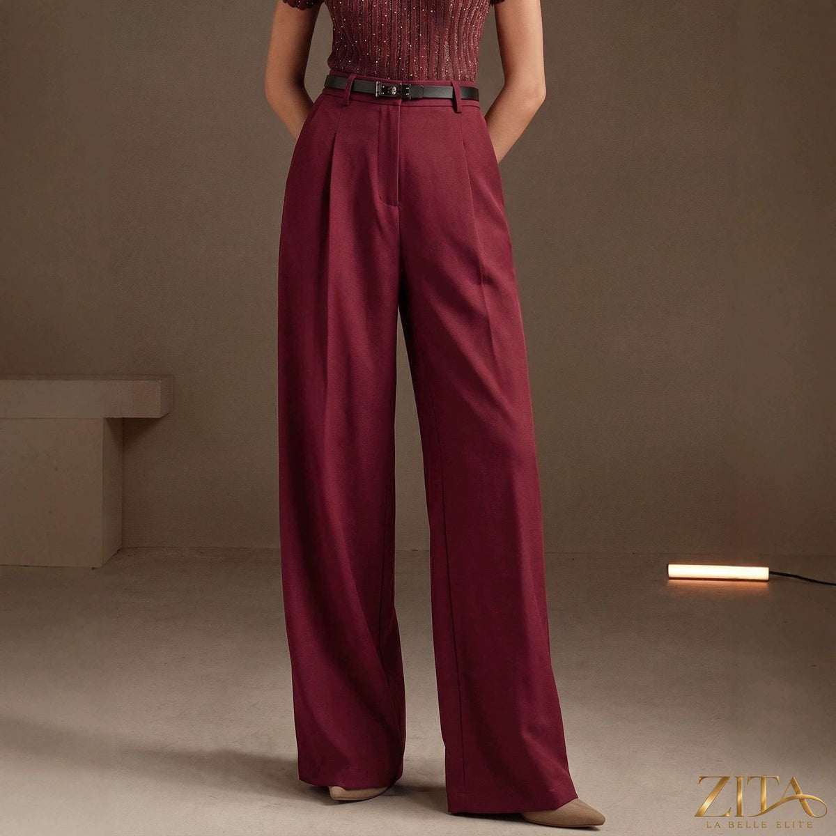 Zita La Belle Elite high waist draped wide-leg work pants in black, showing the flowing fabric and tailored fit.