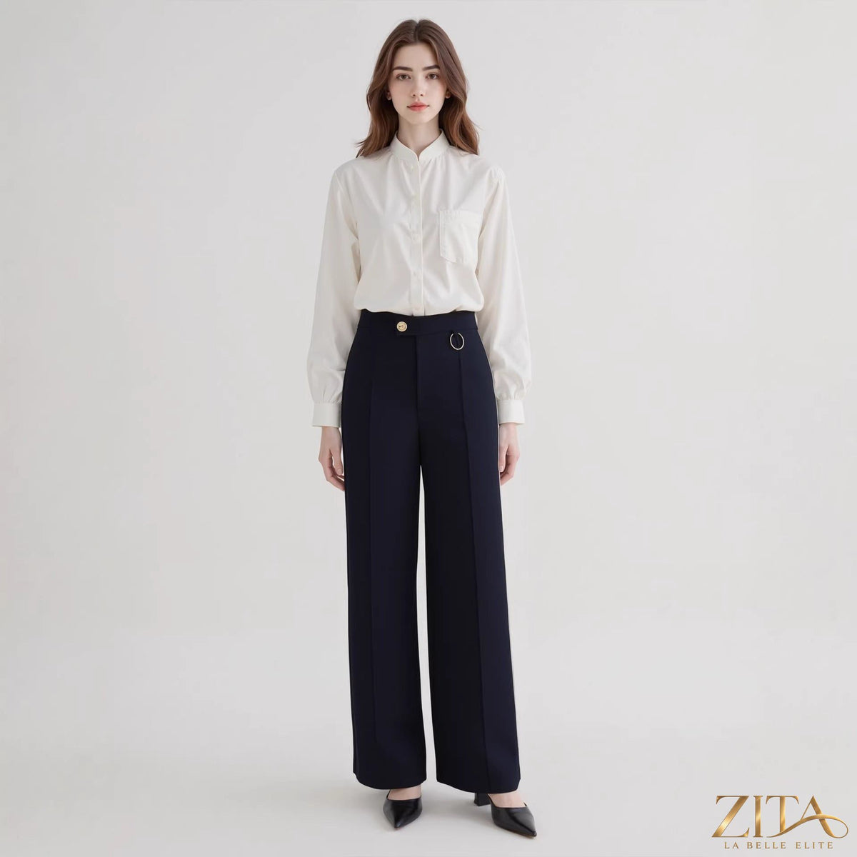 Zita La Belle Elite irregular waist straight-leg office trousers shown in a tailored fit with a modern style.