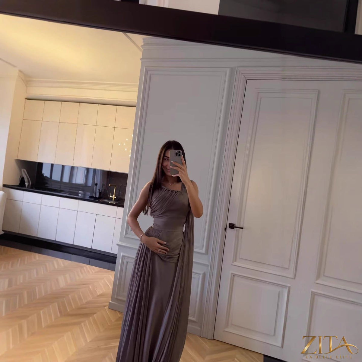 Zita La Belle Elite satin evening dress for women with pleated design and ribbon accents, perfect for spring and summer occasions.