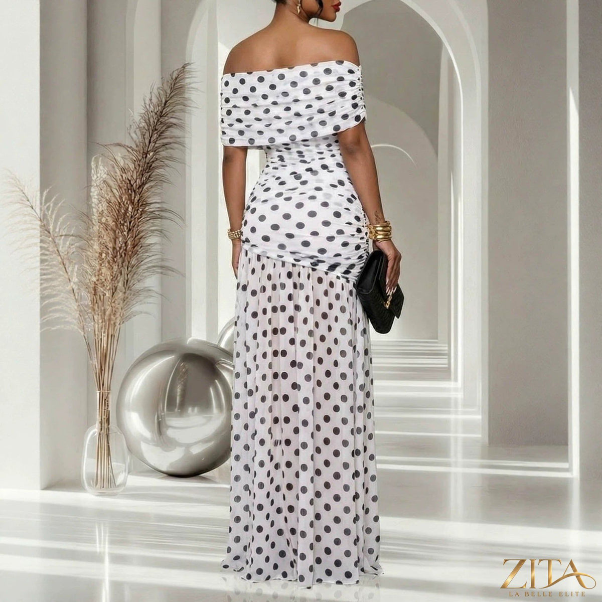 Zita La Belle Elite polka dot cold shoulder cocktail dress with slit, stylish and elegant for special occasions.