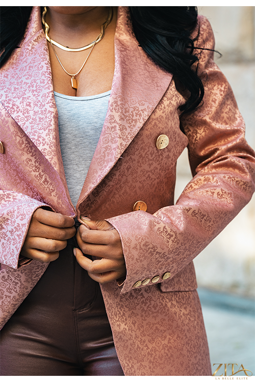 Zita La Belle Elite Premier Blush Blazer, tailored fit with blush pink fabric, lapel collar, and stylish buttons.