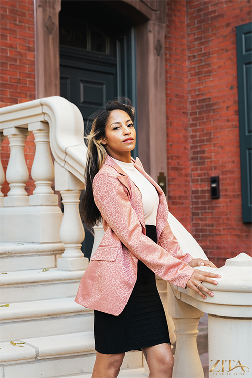 Zita La Belle Elite PREMIER Blush Blazer in soft pink fabric, tailored fit with lapel collar and button closure, stylish women's blazer