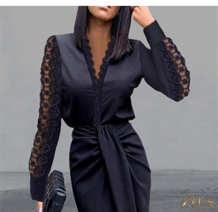 Black V-neck lace long sleeve party dress by Zita La Belle Elite, featuring elegant lace details and a fitted silhouette.