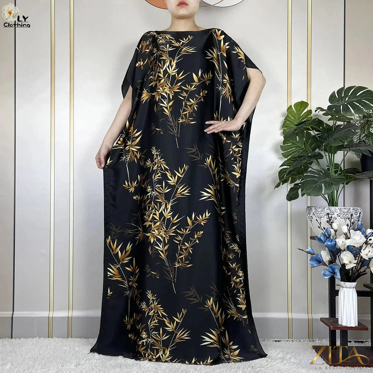 Women’s printed silk loose maxi summer dress with belt and turban by Zita La Belle Elite, featuring vibrant floral design and flowing fabric.