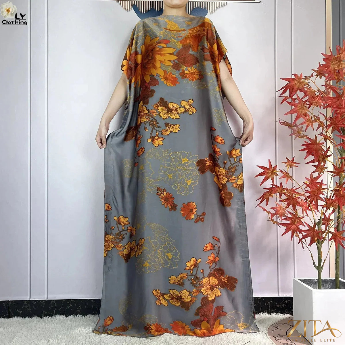 Women printed silk loose maxi summer dress with belt and turban, by Zita La Belle Elite, featuring soft, flowing fabric and vibrant patterns.