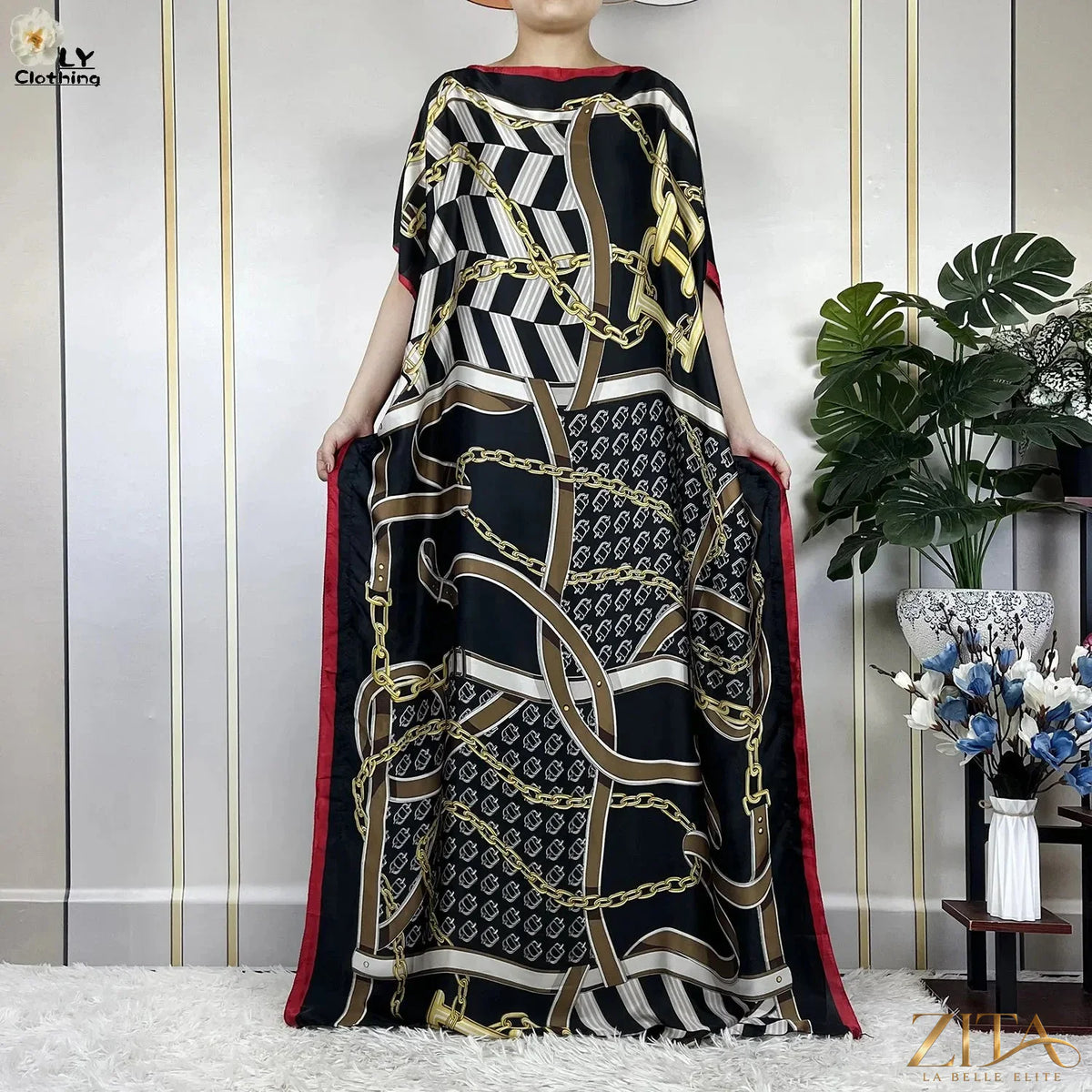 Women’s printed silk loose maxi summer dress with belt and turban by Zita La Belle Elite, featuring a soft, flowing design.