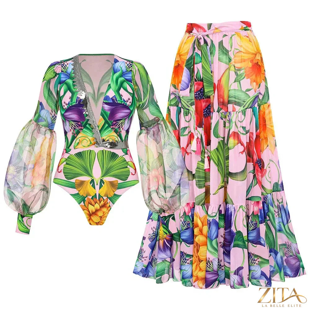 Zita La Belle Elite ruffle deep V one-piece swimsuit with matching kimono cover-up, featuring stylish design and lightweight fabric.