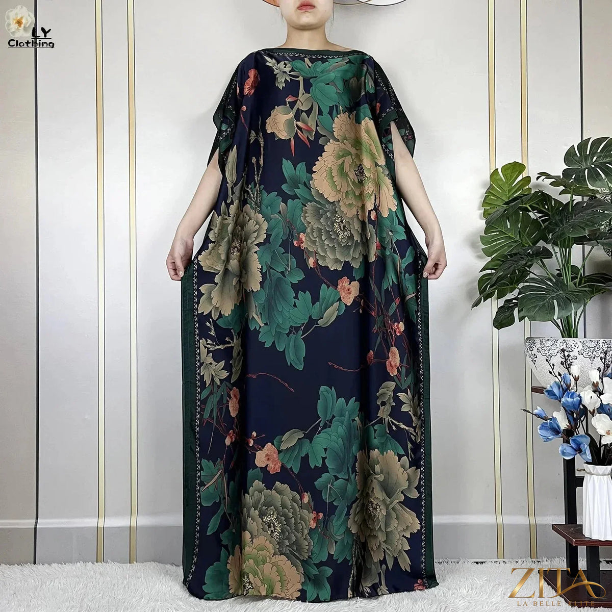 Women’s printed silk maxi party dress with a belt and turban, loose fit, ideal for summer occasions, by Zita La Belle Elite.