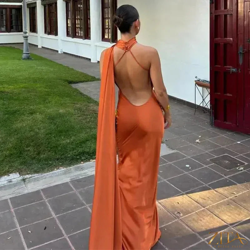 Zita La Belle Elite backless lace-up maxi party dress with sleeveless ribbon design, elegant evening gown for special occasions.