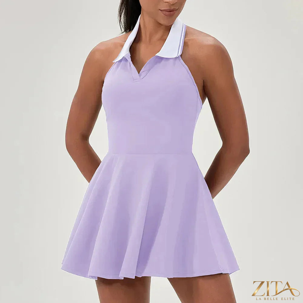 Zita La Belle Elite A-line women's tennis and golf jumpsuit dress in lightweight, breathable tennis wear fabric.