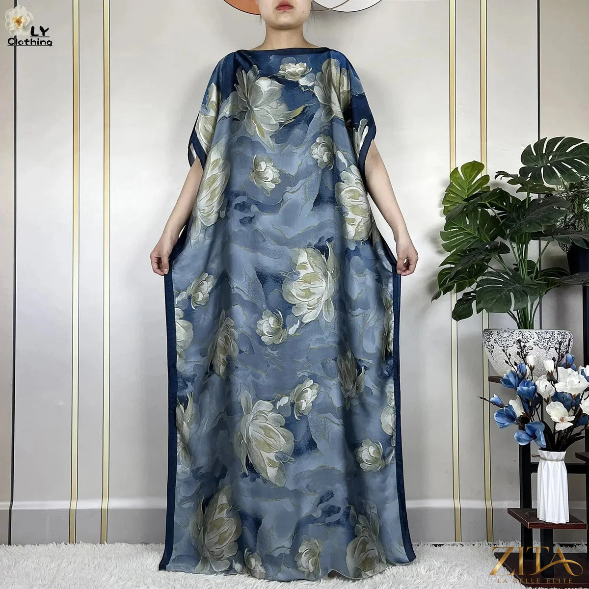 Women’s printed silk loose maxi summer dress with belt and turban, elegant and flowy, by Zita La Belle Elite.