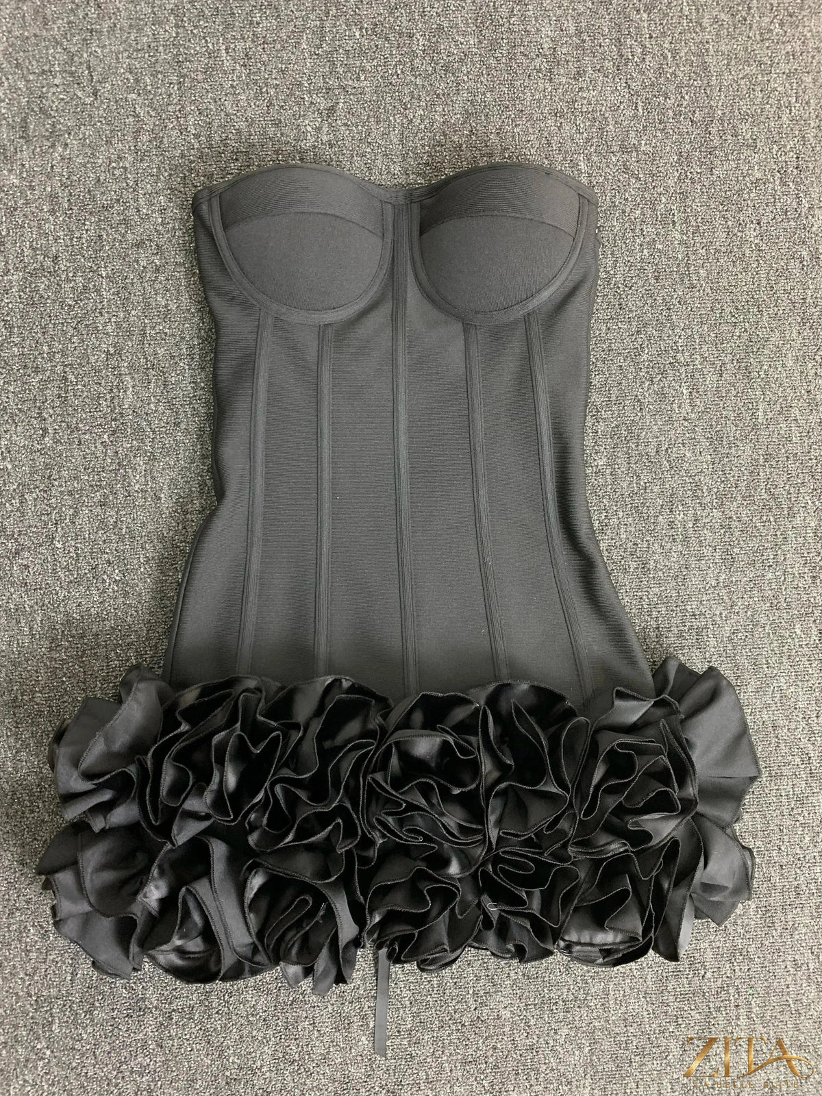Zita La Belle Elite strapless lace-up back bodycon mini dress with fitted silhouette for party occasions.