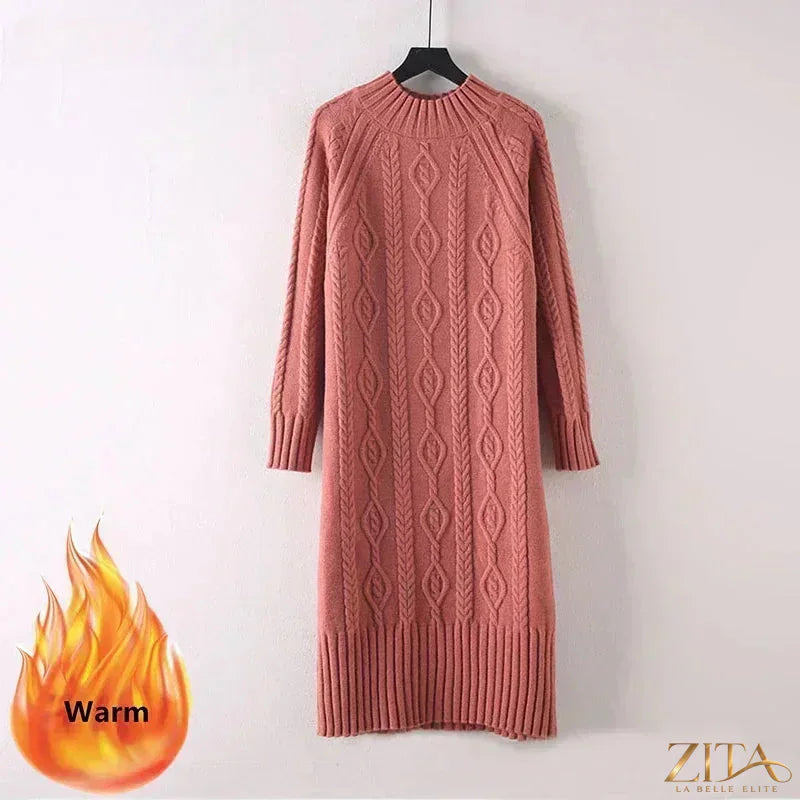 Zita La Belle Elite women's velvet midi sweater dress with a mock neck and rib knit design, perfect for winter fashion.