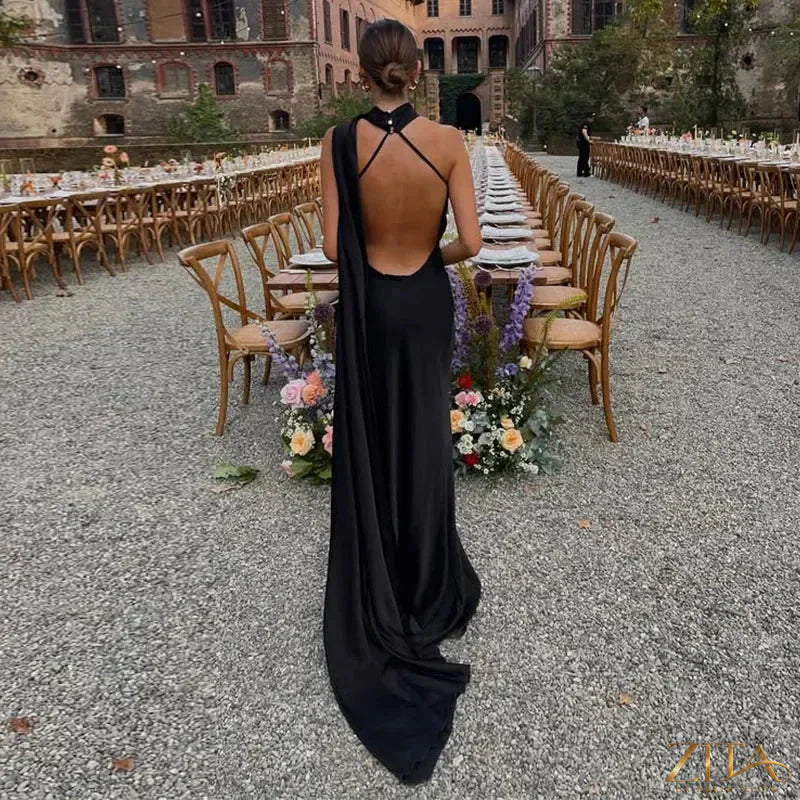Backless lace-up maxi dress by Zita La Belle Elite, sleeveless evening gown with ribbon detail, perfect for formal parties.