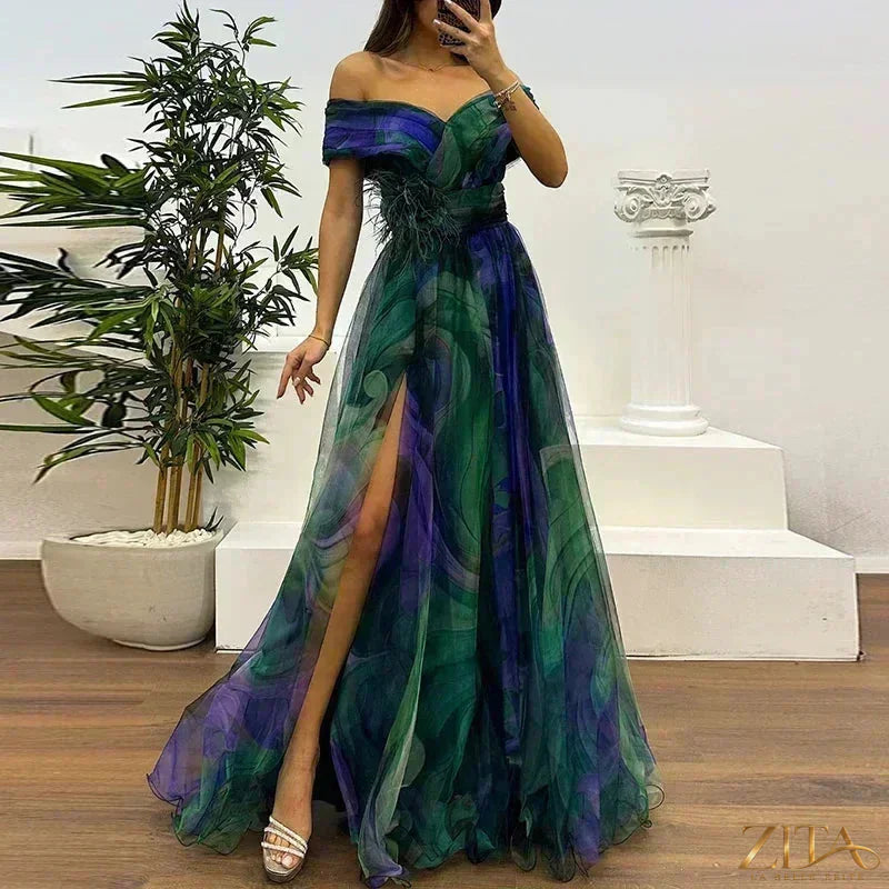 Zita La Belle Elite one-shoulder pleated evening dress with slit, elegant gown ideal for gala events, shown in black fabric.