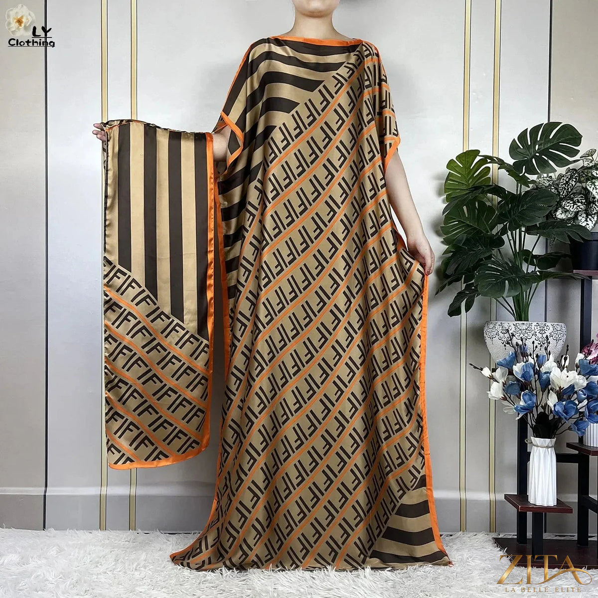 Women’s printed silk loose maxi summer dress with belt and turban, by Zita La Belle Elite, featuring soft, flowy fabric for summer wear.