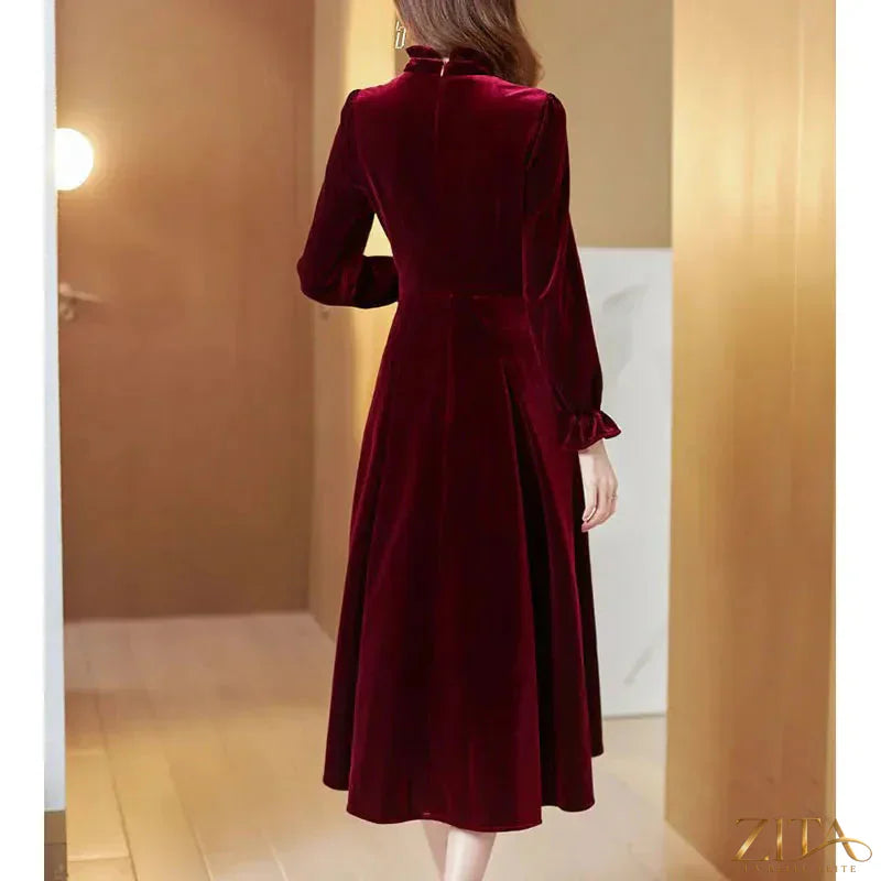 Wine red velvet maxi dress for women with long sleeves, elegant and flowing, by Zita La Belle Elite.