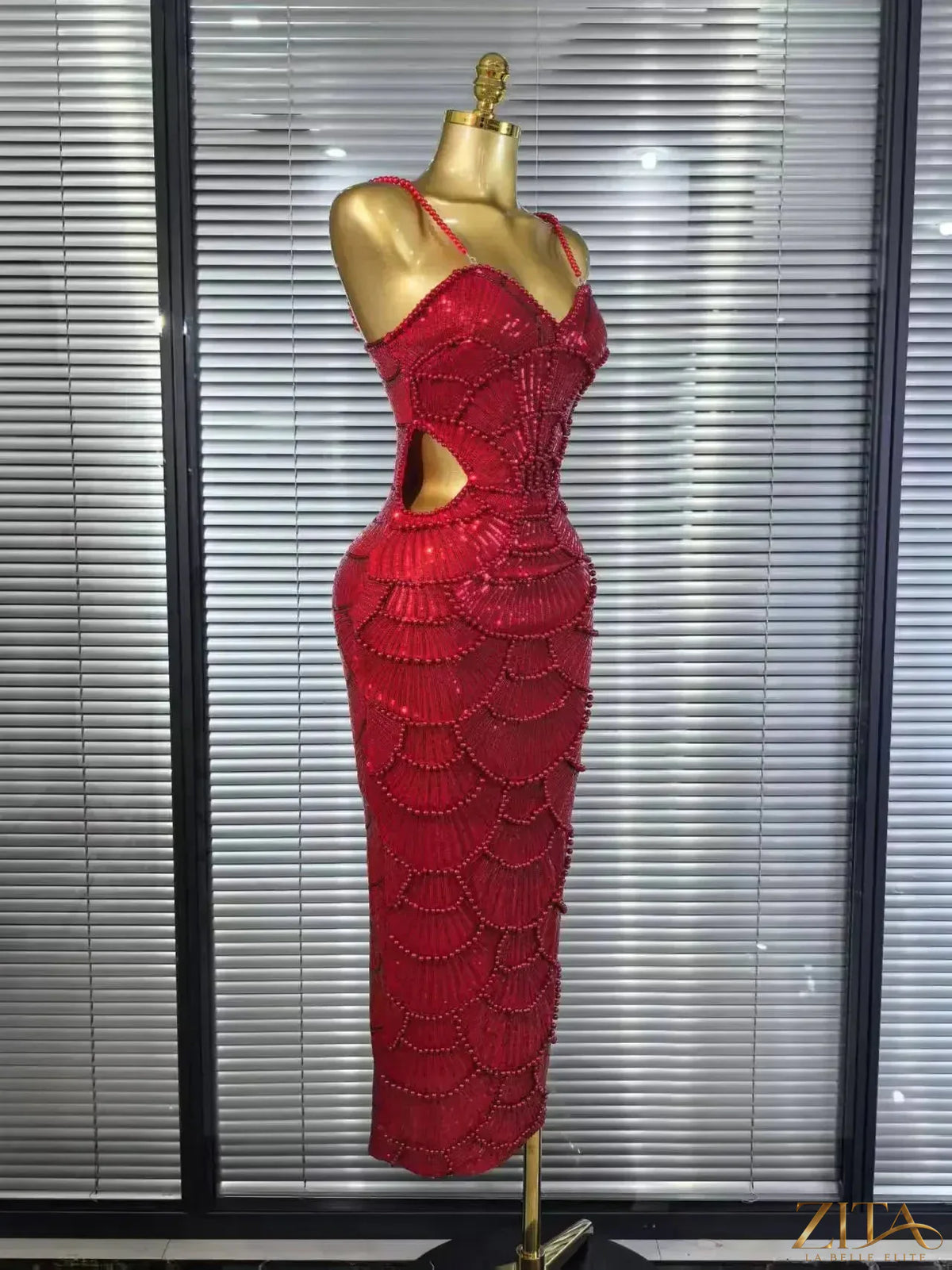 Zita La Belle Elite pearl beaded sleeveless Christmas party dress, bodycon fit, elegant gown for holiday celebrations