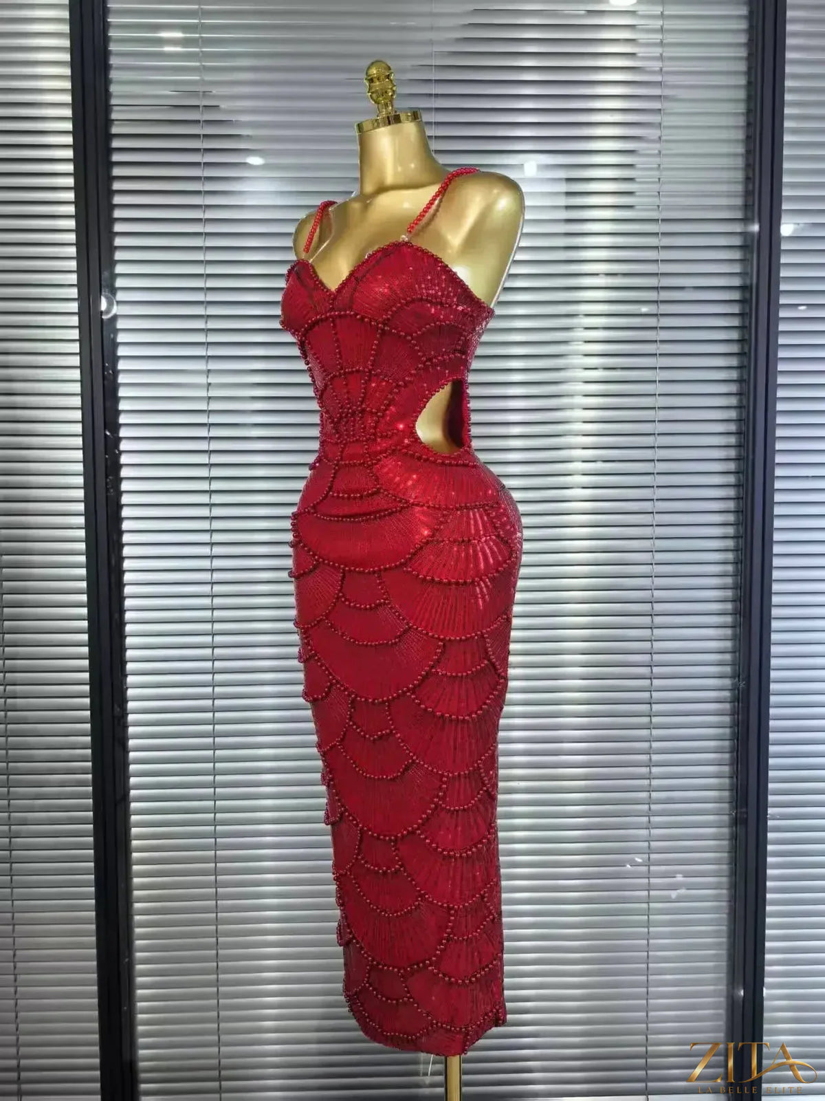 Pearl beaded sleeveless Christmas party dress by Zita La Belle Elite, figure-hugging bodycon gown with elegant pearl embellishments.