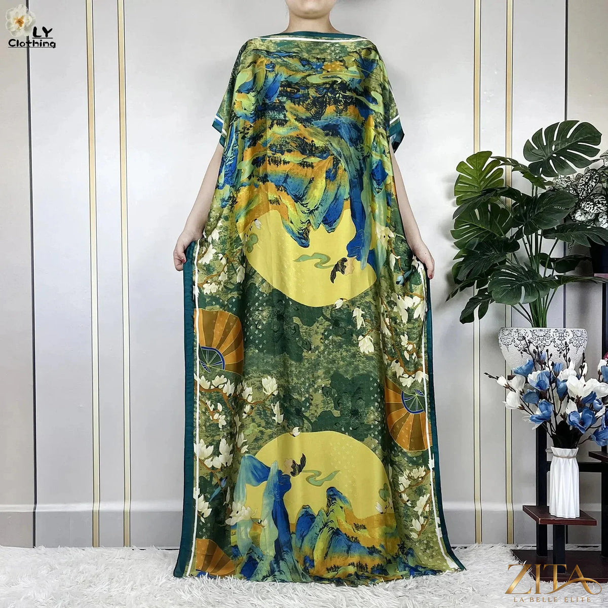Women printed silk loose maxi summer dress with belt and turban, by Zita La Belle Elite, featuring soft, flowing fabric and stylish design.
