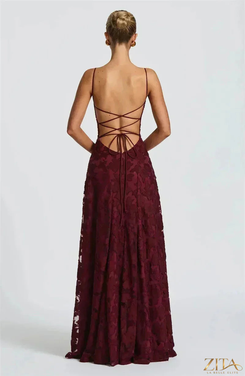 Backless spaghetti strap lace-up maxi evening dress by Zita La Belle Elite, featuring elegant flowy fabric and stylish design.