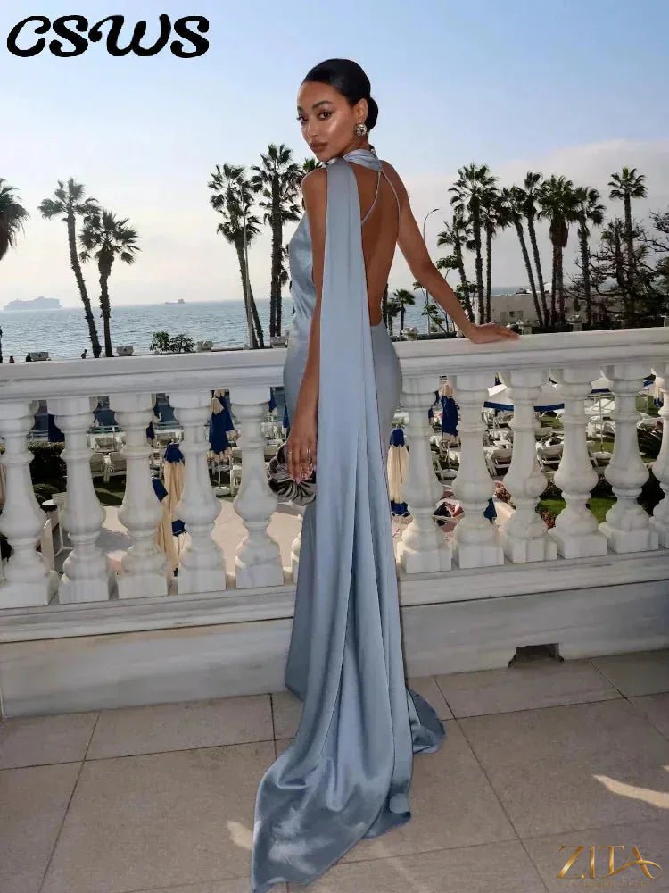 Zita La Belle Elite backless lace-up maxi dress with sleeveless design, elegant ribbon details, perfect for evening parties.