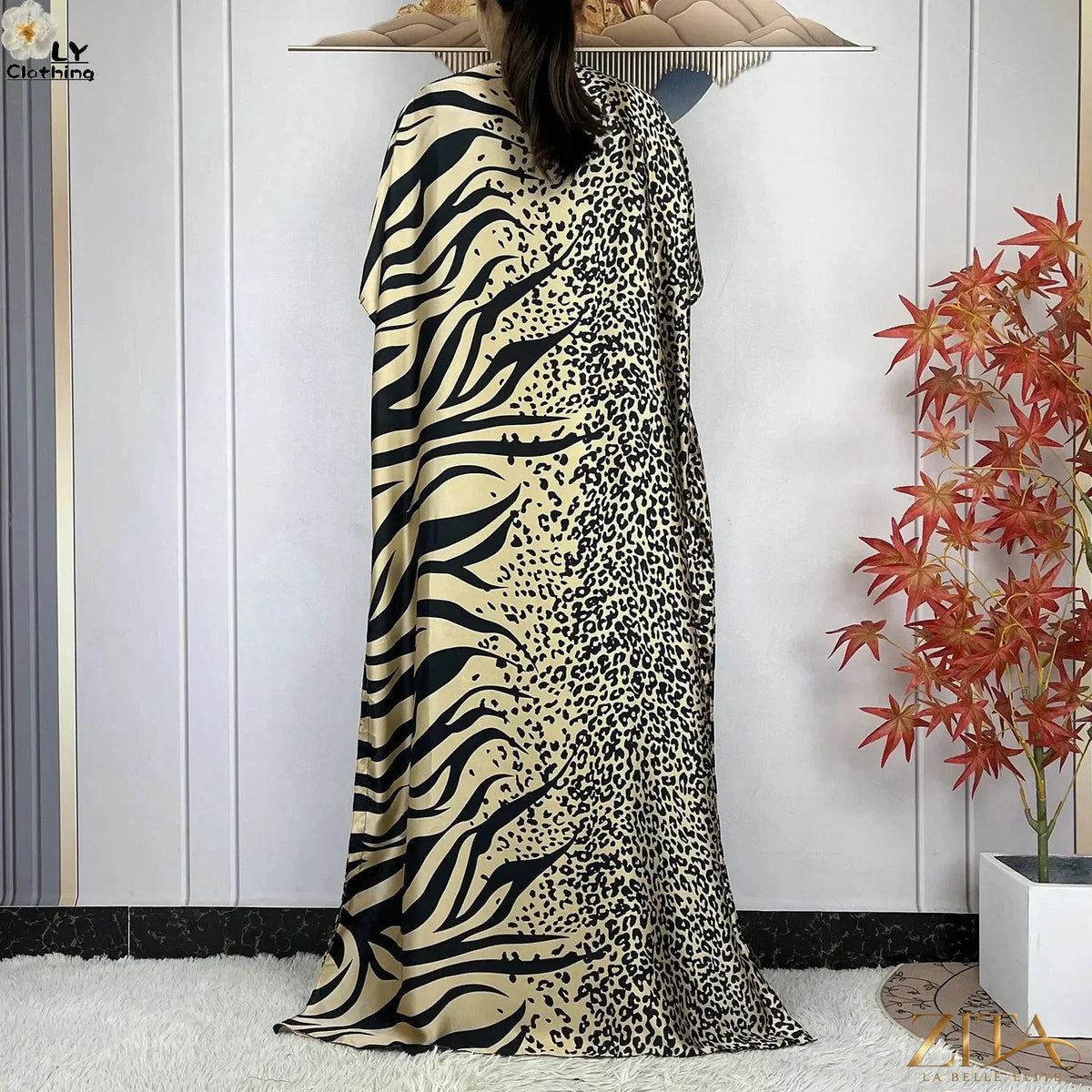 Women’s printed silk loose maxi summer dress with belt and turban by Zita La Belle Elite, featuring soft, flowy fabric and vibrant pattern.