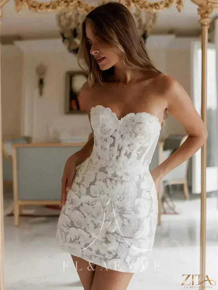 Elegant Zita La Belle Elite glitter lace mini wedding dress featuring intricate lace details and a fitted silhouette.