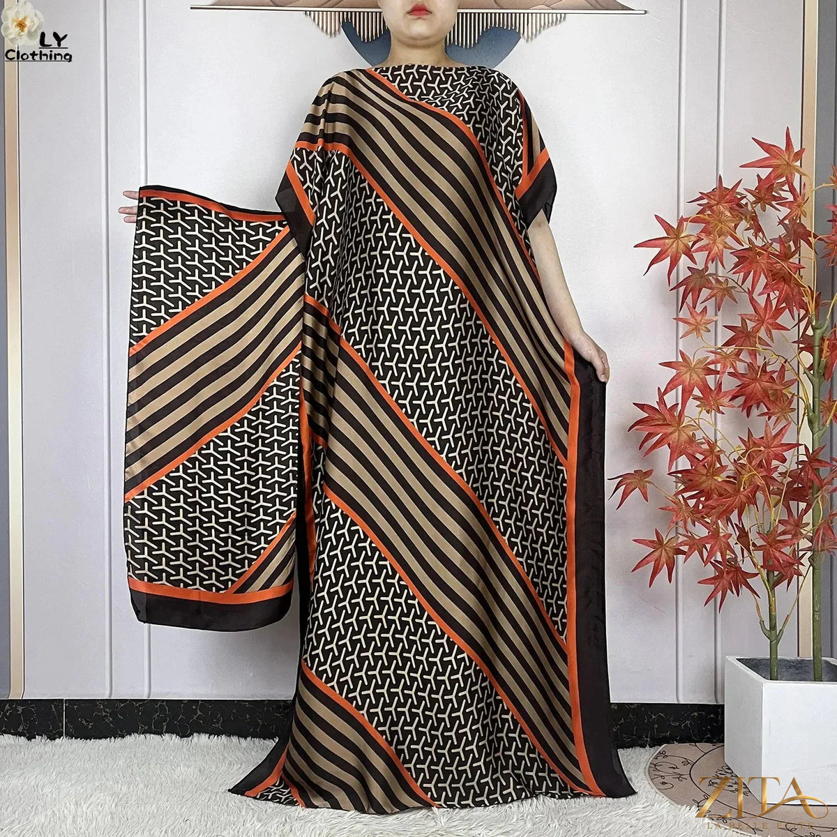 Women printed silk loose maxi summer dress with belt and turban, by Zita La Belle Elite, featuring vibrant floral pattern and flowing fit.
