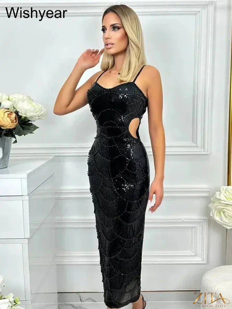 Elegant women’s mermaid evening gown by Zita La Belle Elite featuring sequins, hollow-out design, spaghetti straps, and backless style.