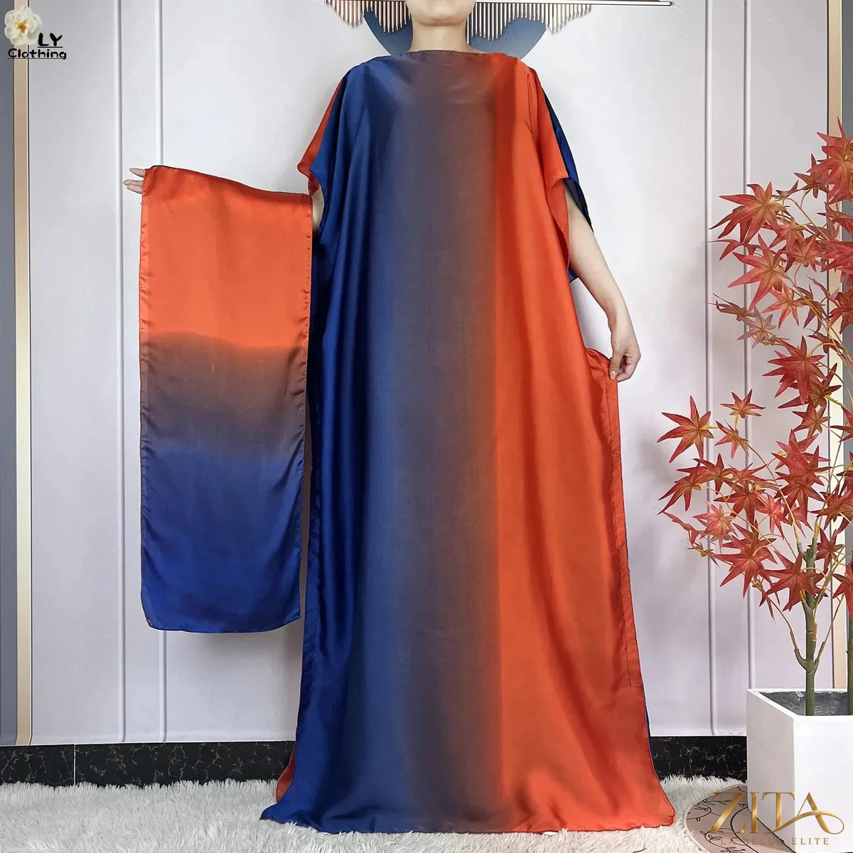 Women’s printed silk loose maxi summer dress by Zita La Belle Elite featuring a belt and turban for elegant, comfortable style.