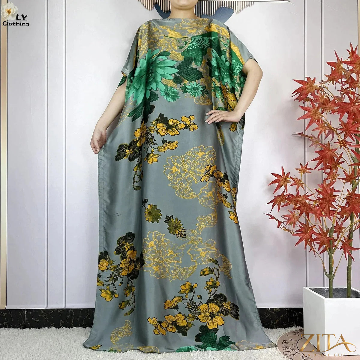 Women’s printed silk loose maxi summer dress with belt and turban, by Zita La Belle Elite, featuring a soft, flowing design.